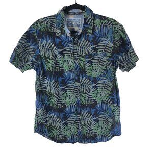 Huntington Mens Hawaiian Aloha Shirt Palm Leaf Print Cotton Blue Green M